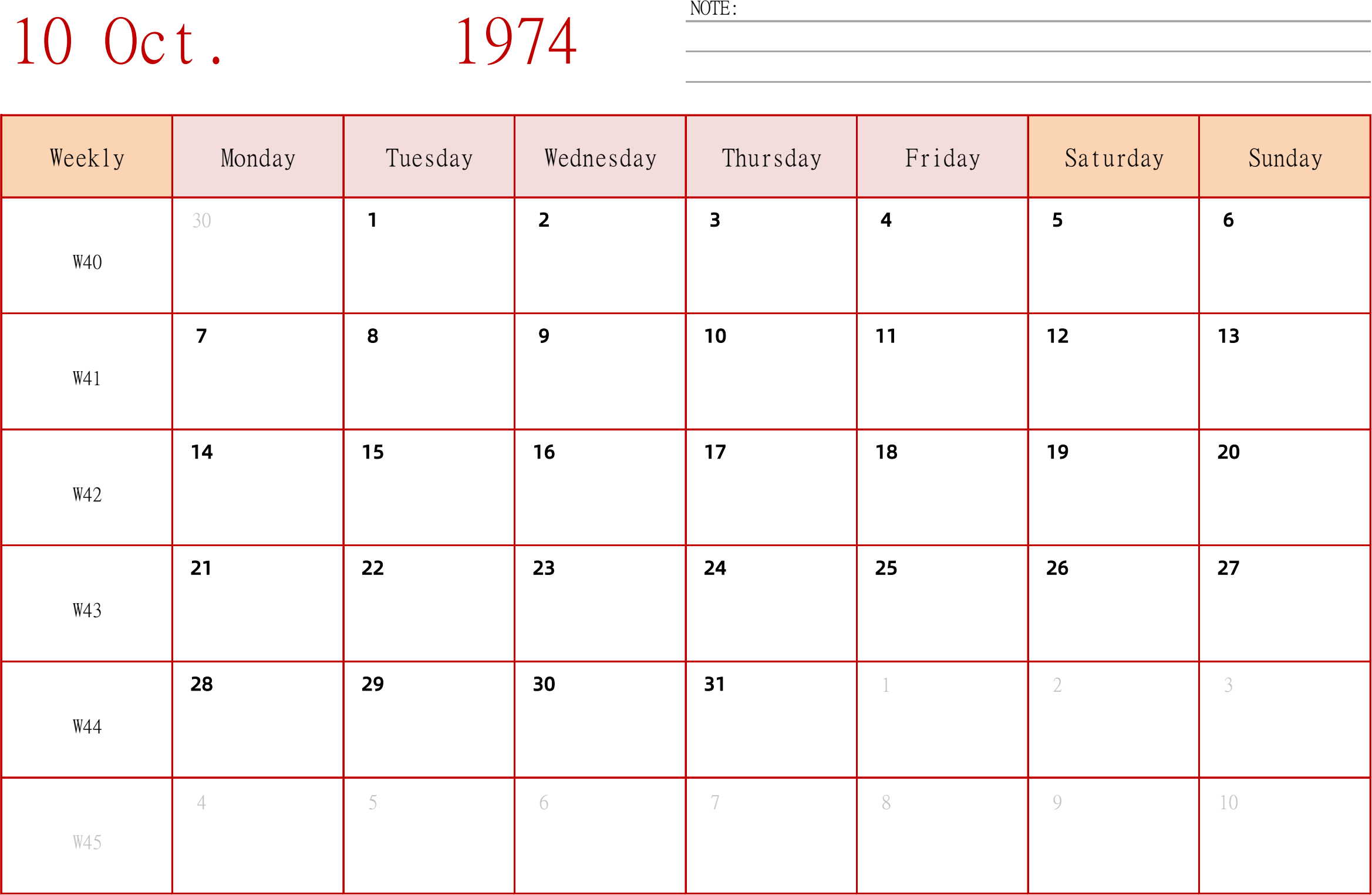 日历表1974年日历 英文版 横向排版 周一开始 带周数